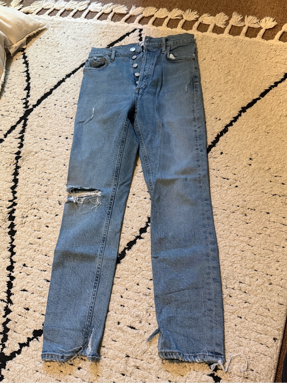Agolde Women's Skinny Jeans — Faded Blue Wash with Distressed Knee